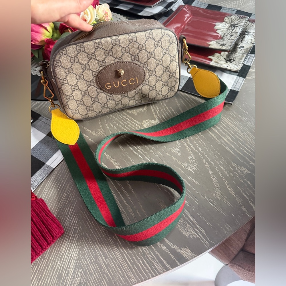 Gucci Beige GG Canvas Crossbody with Green & Red Web and Yellow Accents